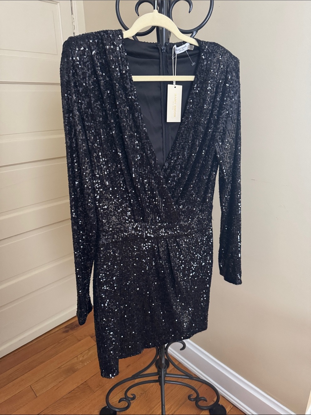 Ramy Brook Black Sequin Long-Sleeve V-Neck Mini Dress